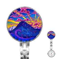 Psychedelic Colorful Lines Nature Mountain Trees Snowy Peak Moon Sun Rays Hill Road Artwork Stars Sk Stainless Steel Nurses Watch