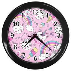 Beautiful Cute Animals Pattern Pink Wall Clock (black) by Semog4