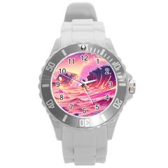 Waves Ocean Sea Tsunami Nautical 5 Round Plastic Sport Watch (l)