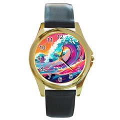 Tsunami Waves Ocean Sea Nautical Nature Water 2 Round Gold Metal Watch