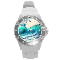 Tsunami Waves Ocean Sea Nautical Nature Water Art Ai Generated Round Plastic Sport Watch (l)