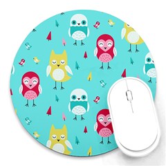 Owls Owl Bird Cute Animal Art Vector  Pattern Colorful Round Mousepad by Salman4z