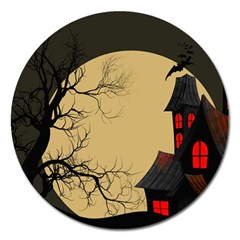 Halloween Moon Haunted House Full Moon Dead Tree Magnet 5  (round) by Ravend