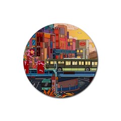 The City Style Bus Fantasy Architecture Art Rubber Coaster (round) by Grandong