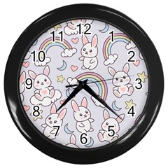 Seamless-pattern-with-cute-rabbit-character Wall Clock (black) by pakminggu