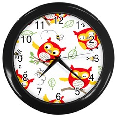 Seamless-pattern-vector-owl-cartoon-with-bugs Wall Clock (black) by pakminggu