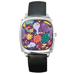 Colorful Shapes On A Purple Background Square Metal Watch by LalyLauraFLM