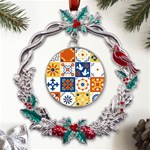 Mexican-talavera-pattern-ceramic-tiles-with-flower-leaves-bird-ornaments-traditional-majolica-style- Metal X mas Wreath Holly leaf Ornament Front