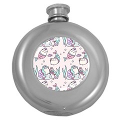 Cartoon Cat Cute Animal Design Drawing Illustration Kawaii Round Hip Flask (5 Oz) by Grandong