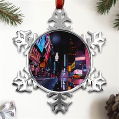 Roadway Surrounded Building During Nighttime Metal Small Snowflake Ornament by Modalart