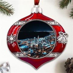 Aerial Photography Of Lighted High Rise Buildings Metal Snowflake And Bell Red Ornament by Modalart