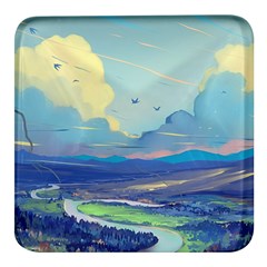 Mountains And Trees Illustration Painting Clouds Sky Landscape Square Glass Fridge Magnet (4 Pack) by Cendanart