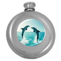 Dolphin Sea Ocean Round Hip Flask (5 Oz) by Cemarart