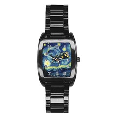 Spaceship Starry Night Van Gogh Painting Stainless Steel Barrel Watch by Maspions