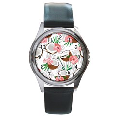 Seamless Pattern Coconut Piece Palm Leaves With Pink Hibiscus Round Metal Watch by Apen