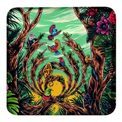 Monkey Tiger Bird Parrot Forest Jungle Style Square Glass Fridge Magnet (4 Pack) by Grandong