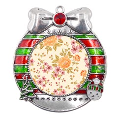 Peony Flower Pattern Background Metal X mas Ribbon With Red Crystal Round Ornament by Grandong