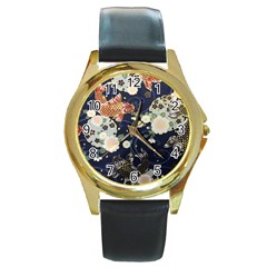 Japanese Wave Koi Illustration Pattern Round Gold Metal Watch