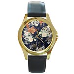 Japanese Wave Koi Illustration Pattern Round Gold Metal Watch Front