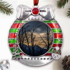 Tree Silhouette At Border Of Nahuel Haupi Lake, Rio Negro, Argentina Metal X mas Ribbon With Red Crystal Round Ornament by dflcprintsclothing