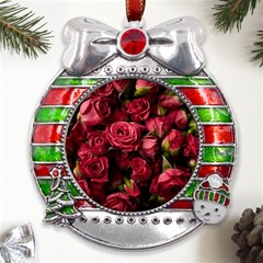 Floral Buds Of Roses Beautiful Flowers Metal X mas Ribbon With Red Crystal Round Ornament by Grandong