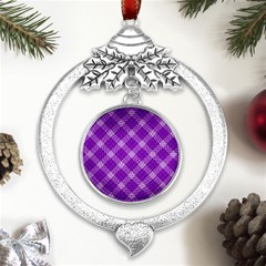 Purple Plaid Tartan 3 Diagonal (2) Metal Silver X mas Leaves Round Ornament by dressshop