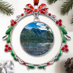 Beach At Los Alerces National Park, Chubut Province, Argentina Metal X mas Wreath Ribbon Ornament by dflcprintsclothing