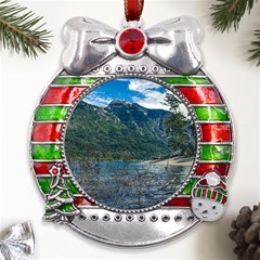 Beach At Los Alerces National Park, Chubut Province, Argentina Metal X mas Ribbon With Red Crystal Round Ornament by dflcprintsclothing