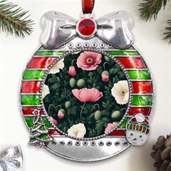 Poppy Flower Plant Petals Bloom Metal X mas Ribbon With Red Crystal Round Ornament by Grandong