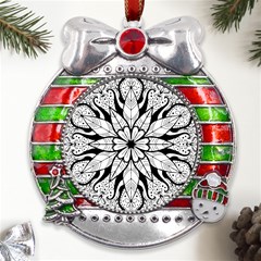 Seamless Tiling Pattern Hand Drawn Black White Metal X mas Ribbon With Red Crystal Round Ornament by Grandong