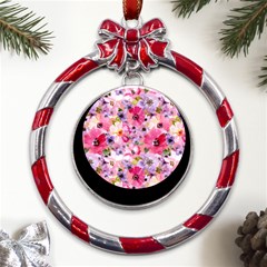 Pattern Seamless Texture Daisies Metal Red Ribbon Round Ornament by Grandong