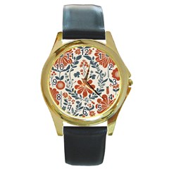 Retro Scandinavian Nordic Flowers Pattern 3 Round Gold Metal Watch by violetheavensky