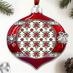 Retro 1880s Flowers Pattern 2 Metal Snowflake And Bell Red Ornament by violetheavensky