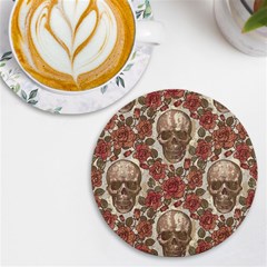 Skull And Roses Flowee Flora Floral Patterns Pattern Uv Print Round Tile Coaster by Tsamara